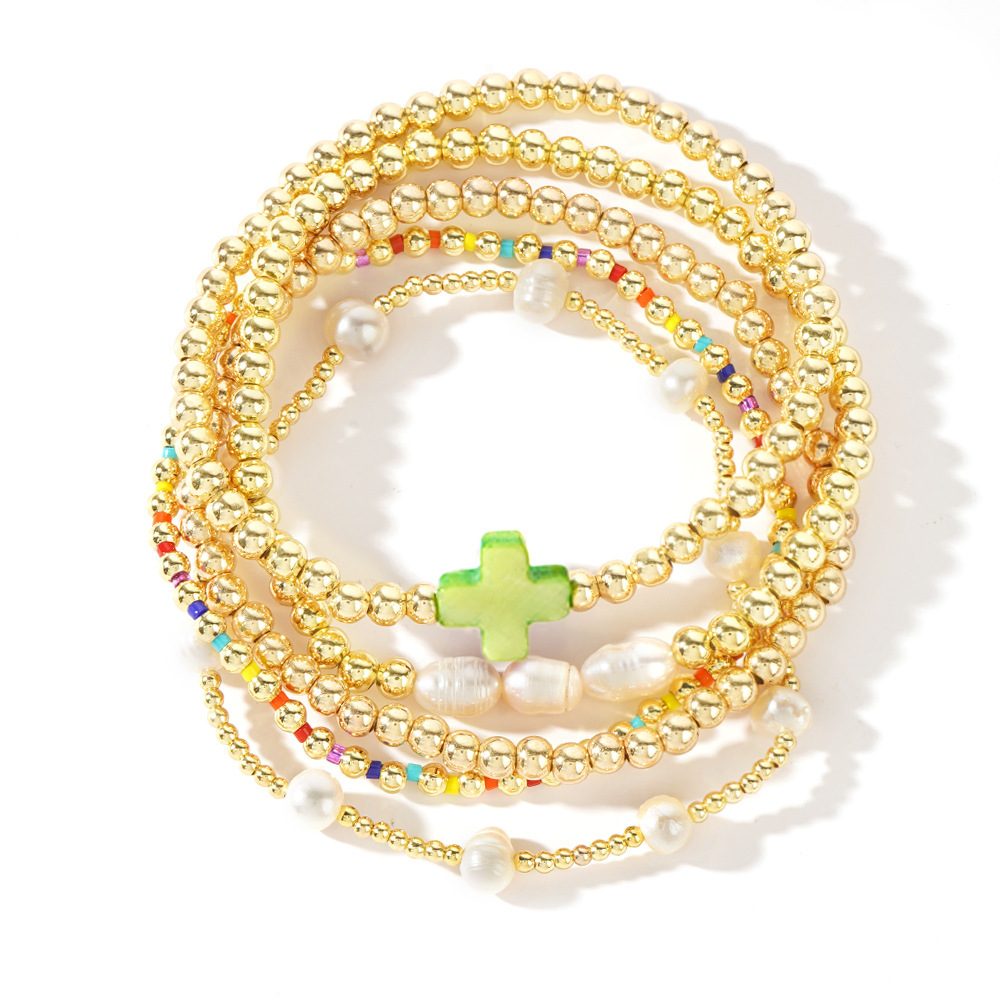 Gold-plated pearl & cross bead bracelet stack set ✨ Stretchy boho colorful Christian ball jewelry—perfect Christmas-stuffer gift! 🎄🧦