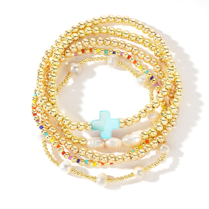 Gold-plated pearl & cross bead bracelet stack set ✨ Stretchy boho colorful Christian ball jewelry—perfect Christmas-stuffer gift! 🎄🧦