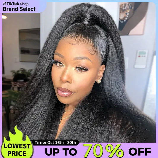Sale Happening Now:70%OFF Pre-Cut Lace Kinky Straight 360 Full Lace Frontal Glueless Wig With Invisi Drawstring Pre Plucked Human Hair Wig