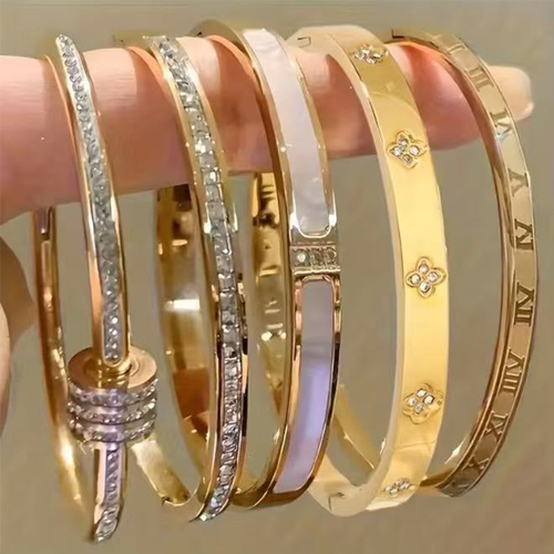 💎5-Piece Stainless Steel Starry Sky Bangles, 18K Gold-Plated
