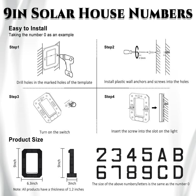 Solar Lighted House Numbers - 9 Inch Waterproof LED Address Signs