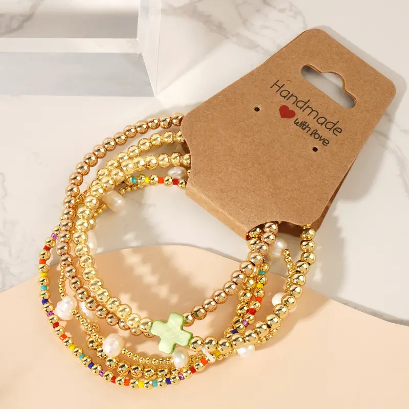 Gold-plated pearl & cross bead bracelet stack set ✨ Stretchy boho colorful Christian ball jewelry—perfect Christmas-stuffer gift! 🎄🧦