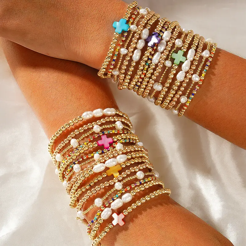 Gold-plated pearl & cross bead bracelet stack set ✨ Stretchy boho colorful Christian ball jewelry—perfect Christmas-stuffer gift! 🎄🧦