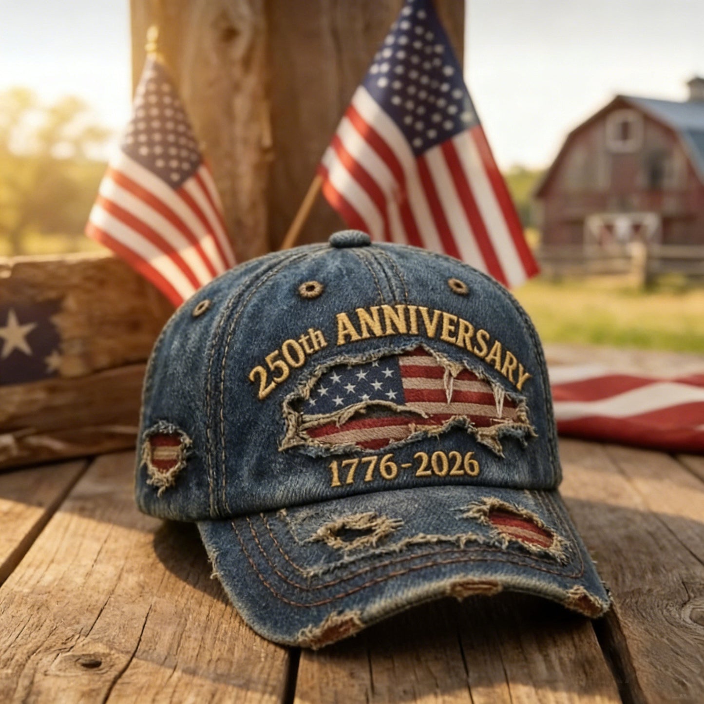 🎖 250th Anniversary 1776-2026 Distressed Denim Baseball Cap 🧢