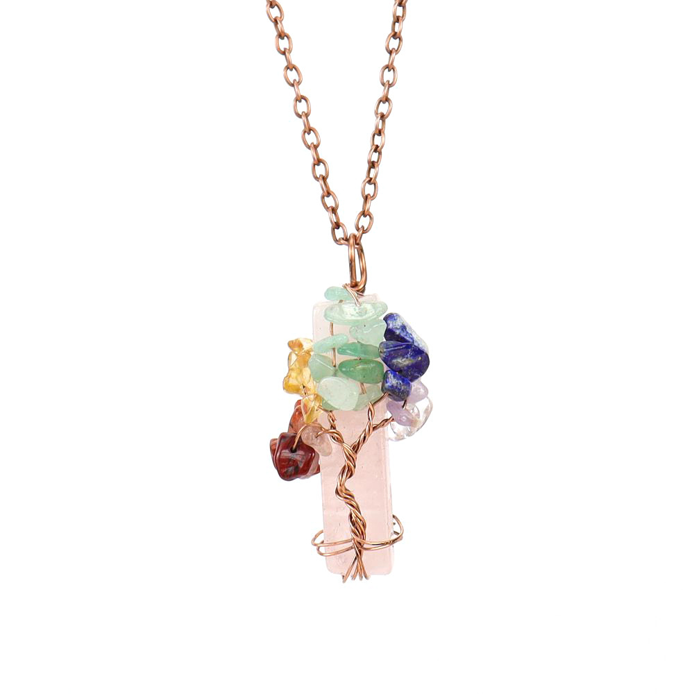 🌟7 Chakra Gemstone Wire Wrapped Natural Clear Quartz Healing Crystal Point Pendant Necklace