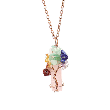🌟7 Chakra Gemstone Wire Wrapped Natural Clear Quartz Healing Crystal Point Pendant Necklace