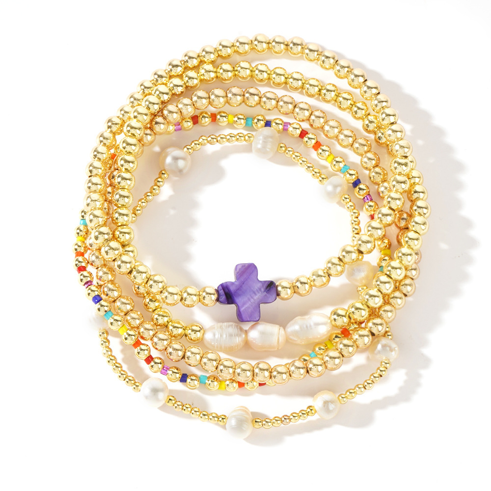 Gold-plated pearl & cross bead bracelet stack set ✨ Stretchy boho colorful Christian ball jewelry—perfect Christmas-stuffer gift! 🎄🧦