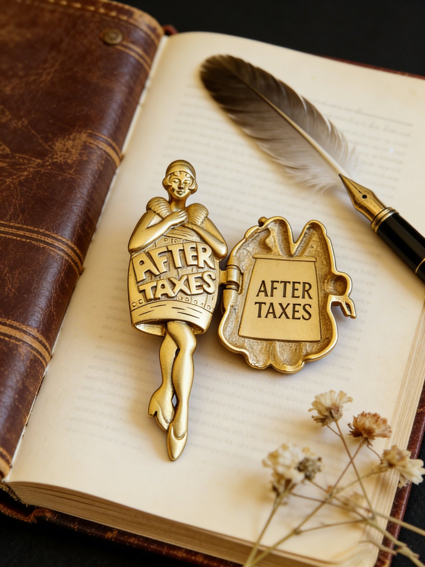 Vintage 1920s Flapper Girl “After Taxes” Movable Figural Brooch