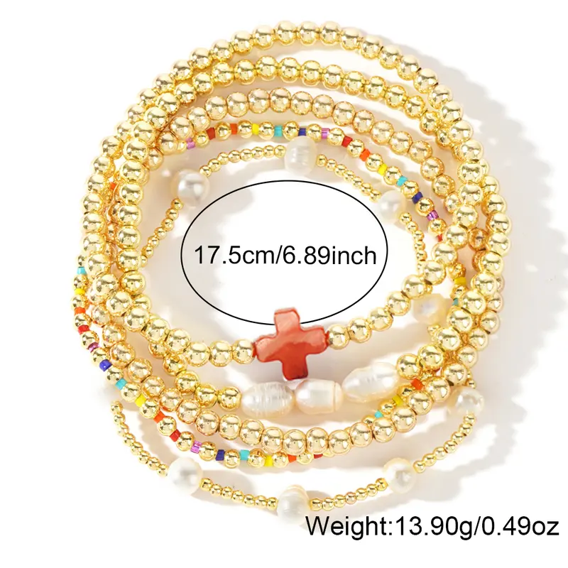 Gold-plated pearl & cross bead bracelet stack set ✨ Stretchy boho colorful Christian ball jewelry—perfect Christmas-stuffer gift! 🎄🧦