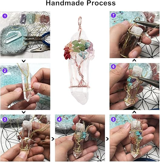 🌟7 Chakra Gemstone Wire Wrapped Natural Clear Quartz Healing Crystal Point Pendant Necklace