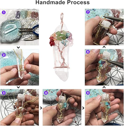 🌟7 Chakra Gemstone Wire Wrapped Natural Clear Quartz Healing Crystal Point Pendant Necklace
