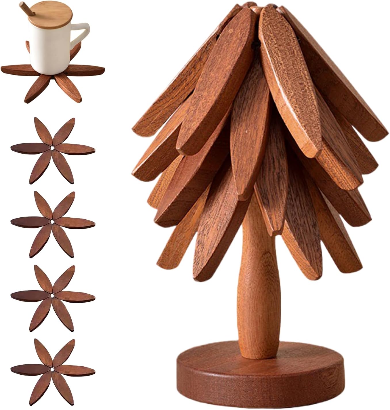 🔥Christmas Early Discount 49% Off✨Natural Tree Trivet Set - 4 Wooden Trivets & 1 Stand,Like a Christmas Tree🎄