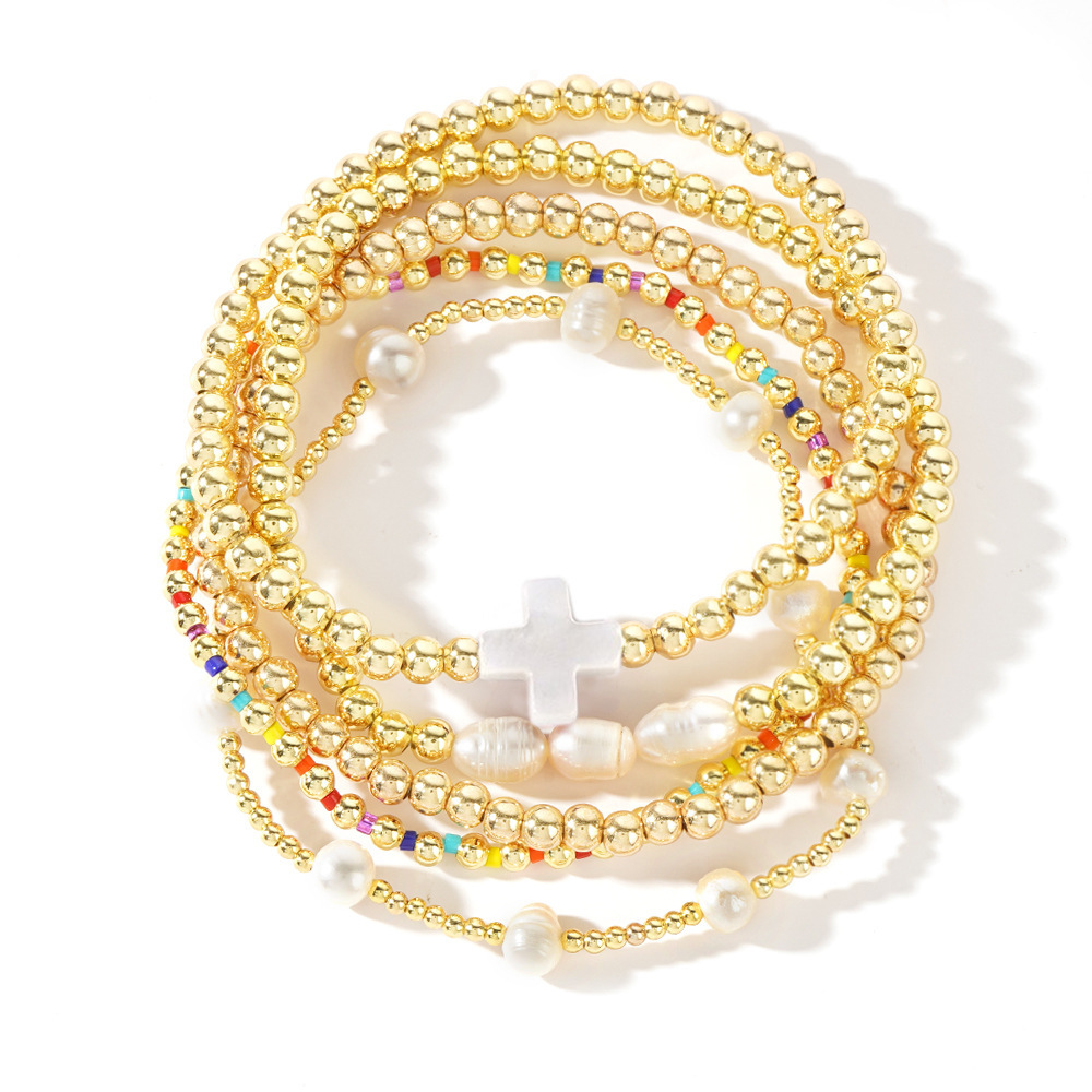 Gold-plated pearl & cross bead bracelet stack set ✨ Stretchy boho colorful Christian ball jewelry—perfect Christmas-stuffer gift! 🎄🧦