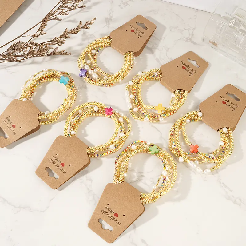 Gold-plated pearl & cross bead bracelet stack set ✨ Stretchy boho colorful Christian ball jewelry—perfect Christmas-stuffer gift! 🎄🧦
