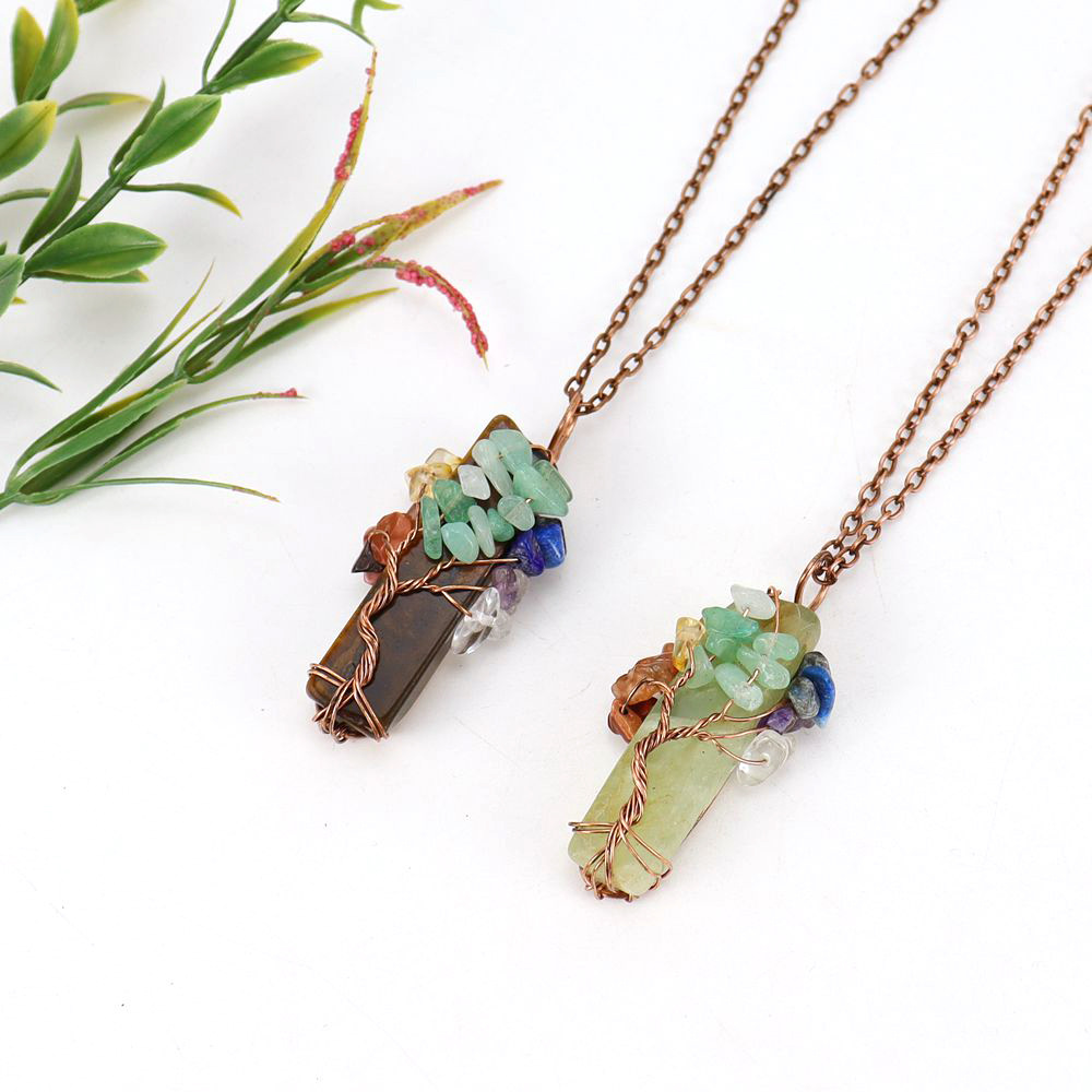 🌟7 Chakra Gemstone Wire Wrapped Natural Clear Quartz Healing Crystal Point Pendant Necklace