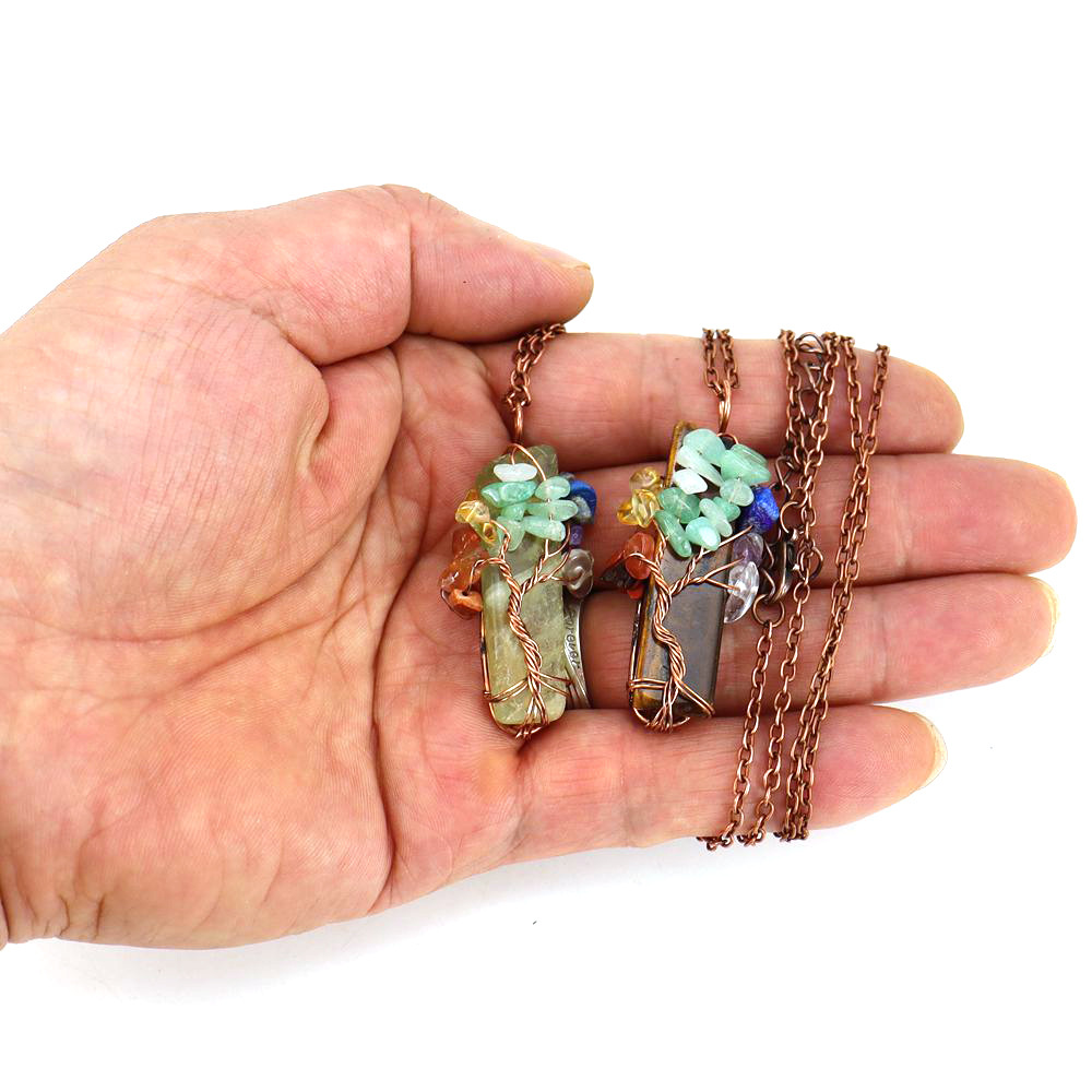 🌟7 Chakra Gemstone Wire Wrapped Natural Clear Quartz Healing Crystal Point Pendant Necklace