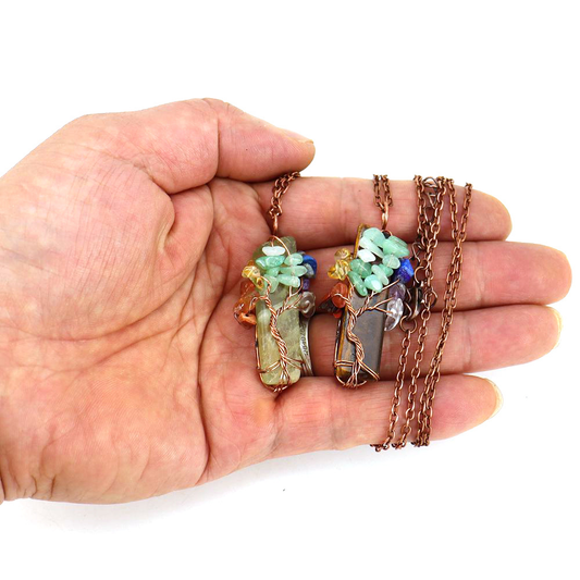 🌟7 Chakra Gemstone Wire Wrapped Natural Clear Quartz Healing Crystal Point Pendant Necklace