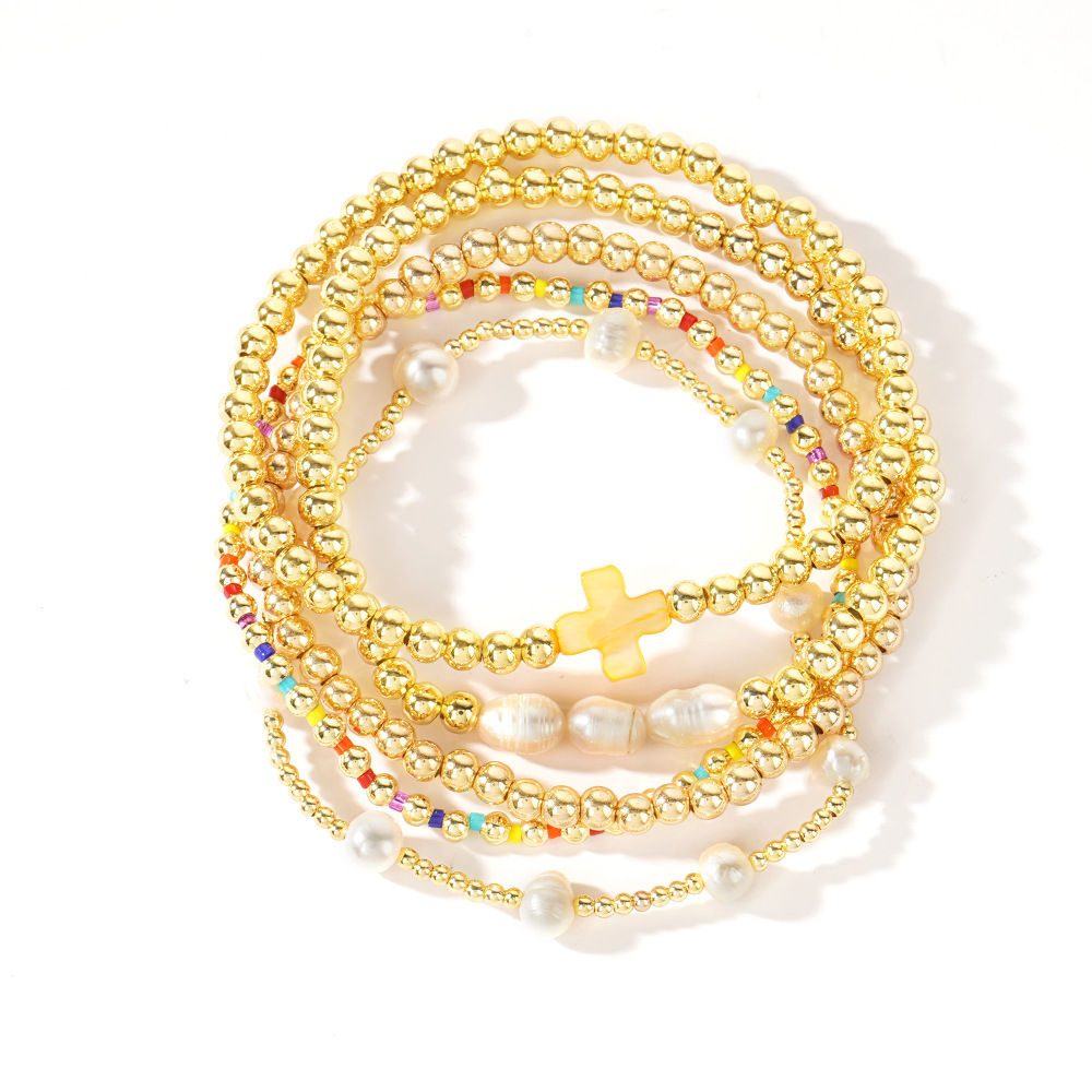 Gold-plated pearl & cross bead bracelet stack set ✨ Stretchy boho colorful Christian ball jewelry—perfect Christmas-stuffer gift! 🎄🧦