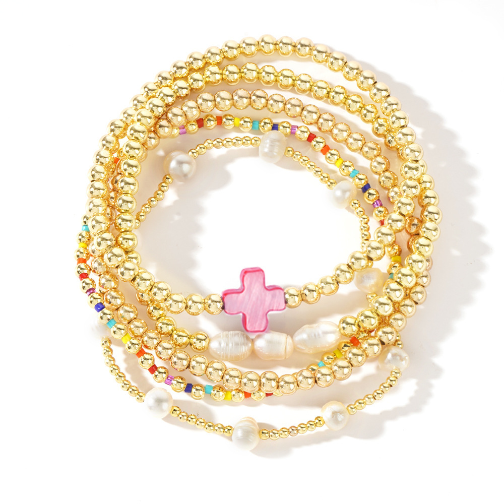 Gold-plated pearl & cross bead bracelet stack set ✨ Stretchy boho colorful Christian ball jewelry—perfect Christmas-stuffer gift! 🎄🧦
