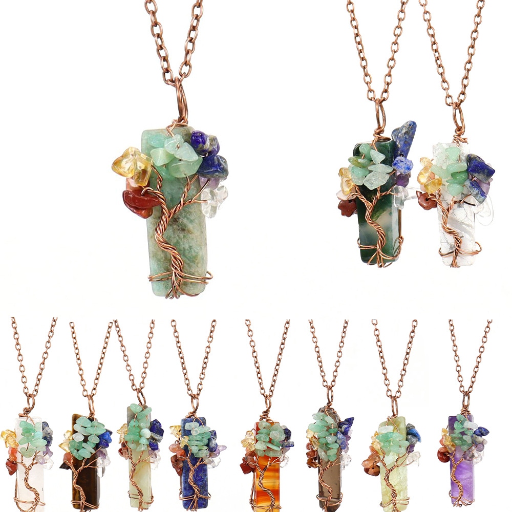 🌟7 Chakra Gemstone Wire Wrapped Natural Clear Quartz Healing Crystal Point Pendant Necklace