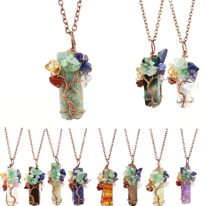 🌟7 Chakra Gemstone Wire Wrapped Natural Clear Quartz Healing Crystal Point Pendant Necklace